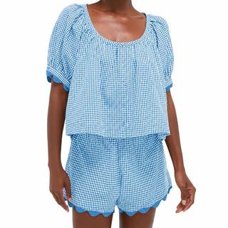 VAOYIU Two Piece Sets for Women Summer Casual Gingham Outfits | Puff Sleeve Scoop Neck Cropped Tops, Matching 