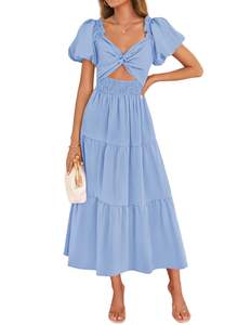ZESICA Womens Summer Casual Cutout Flowy Vacation Maxi Dress | Short Puff Sleeve, A Line, Smocked Dress, Beach
