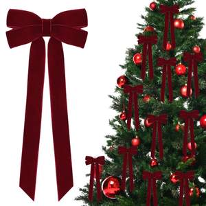 12Pcs Burgundy Velvet Ribbon Bows Christmas Tree Decorations,5in x 10in Xmas Ornaments for Tree Home Party Fro