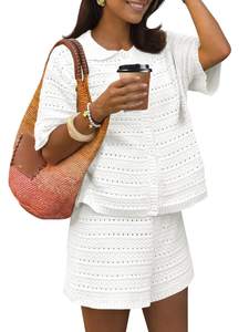 Fisoew Womens Summer 2 Piece Crochet Beach Outfit Cover Ups Button Cardigan Loose Knit Shorts Sets Vacation Sw