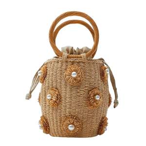 Flower Pearls Rattan Tote Bag Summer Beach Drawstring Straw Bucket Bag Diamonds Woven Handbag A Flower