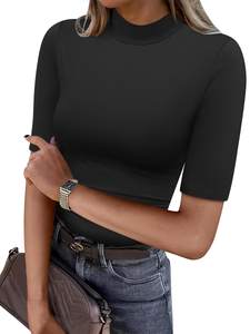 ANRABESS Women Tops Mock Neck 1/2 Short Sleeve Slim Fit Basic Tee Shirts Dressy Work Business 2026 Summer Fall