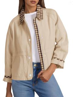 Tankaneo Womens Cropped Barn Jacket Zip Up Lightweight Contrast Plaid Coat | Cozy Warm Lining, Side Pockets, F