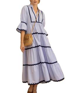 utcoco Women's Summer Beach Vacation Boho Striped RIC Rac Dress Flutter 3/4 Sleeve Tiered A Line Flowy Long Dr