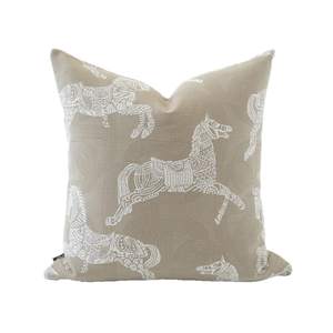 Croker Horse 20x20'' Inches Throw Pillow Cushion Cover - Beige Royal Horse Pattern Chenille Embroidery Jacquar