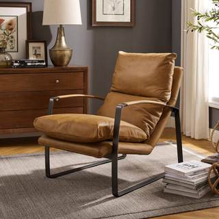 Art Leon Genuine Leather Accent Chair, Mid Century Modern Living Room Chair Lounge Chair with Black Metal Fram