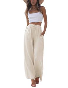 Faleave Women's Cotton Linen Summer Palazzo Pants Flowy Wide Leg Beach Trousers with Pockets Small Apricot