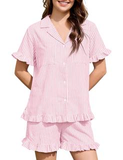Kissonic Womens Striped Pajamas Set 2 Piece Cotton Short Sleeve Ruffle Pajama V Neck Striped Pjs Lounge Pink S
