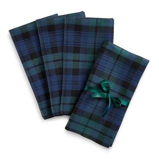 Solino Home 100% Linen Napkins, 20 x 20 in, Blue and Green Plaid, Set of 4 | Blackwatch Plaid Cloth Napkins fo