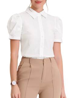 Allegra K Women's Work Tops Puff Short Sleeve Turn Down Collared Button Down Shirt Summer Outfits Small White