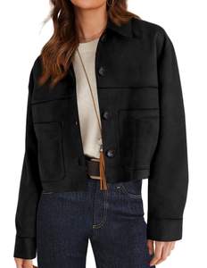 PRETTYGARDEN Women's Faux Suede Lightweight Cropped Jacket | Button Down Collared Shacket, Oversized Casual Ou