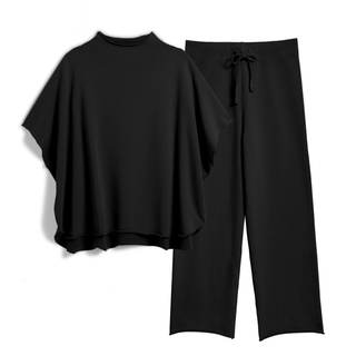 SeeLuNa Women's Two Piece Outfits 3/4 Batwing Sleeve Capelet Crew Neck Pullover Top Wide Leg Pants Lounge Set 