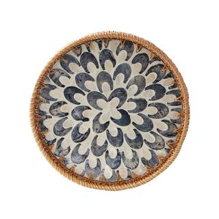 Round Rattan Tray with Mother of Pearl Inlay, Rattan Serving Tray with Wooden Base, Decorative Wicker Basket f
