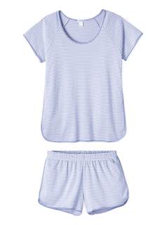 Hilinker Women Striped Pajama Set Short Sleeve Top with Shorts Sleepwear Pjs 2 Piece Lounge Sets Small Blue Wh