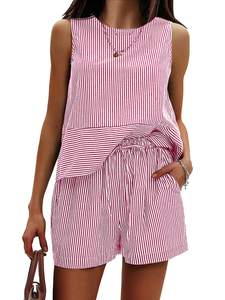 EXLURA Womens 100% Cotton Summer Two Piece Sets Tank Tops Matching Shorts | Striped, Lightweight, Sleeveless, 