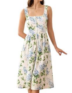 RIHOAS Women's Floral Midi Sundress Square Neck A Line Summer Dresses for Wedding Guest Tea Garden Party Sun D