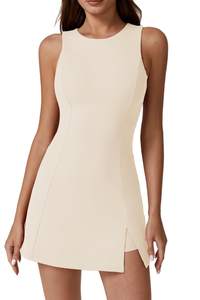 QINSEN Womens Crew Neck Tennis Dress Sleeveless Side Slit Golf Athletic Dress Build in Shorts with Pockets Bei