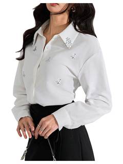 SweatyRocks Women's Long Sleeve Button Down Shirts Blouses Rhinestone Business Work Tops Large White