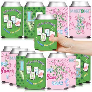 12 Pcs Mahjong Party Can Coolers, Pink and Green Mahjong Can Sleeve for Mahjong Gifts Mahjong Party Decoration