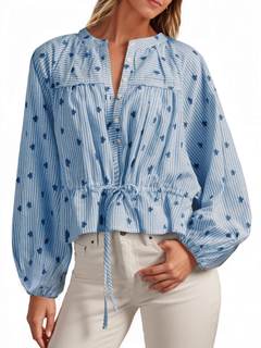 Tankaneo Womens Striped Cropped Button Down Shirts Puff Long Sleeve Peplum Tops Drawstring Waist Loose Fit Blo