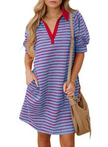 BLENCOT Women's Casual Polo V Neck T Shirt Striped Dress Summer Puff Short Sleeve MIdi Dresses Purple Stripe S