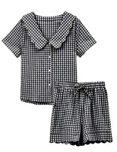 Tanming Womens Plaid 2 Piece Pajamas Sets Short Sleeve Babydoll Shirt Shorts Gingham Summer Outfits Y2K Lounge