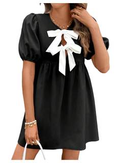 SweatyRocks Women's Bow Puff Short Sleeve Dress Tie Front A Line Babydoll Dresses X-Small Black
