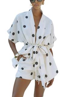 THLAI Polka Dot 2 Piece Short Sets for Women Short Sleeve Kimono Top and Shorts Casual Summer Vacation Outfits