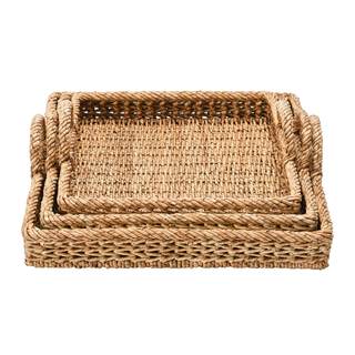 Creative Co-Op Set of 3 Decorative Water Hyacinth & Rattan Trays with Handles, Natural (16", 18" & 20")