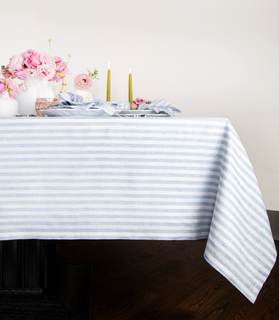 Solino Home 100% Linen Tablecloth, 60 x 90 in, Sky Blue and White Striped | Amalfi Stripe Linen Table Cloth fo