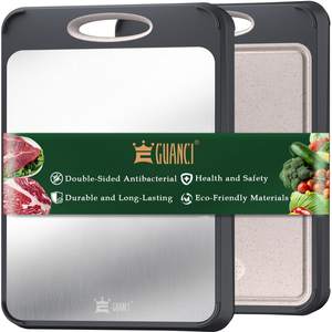 GUANCI Cutting Board for Kitchen, Non Toxic 2-in-1 Double Sided Design, 304 Food Grade Stainless Steel & Wheat