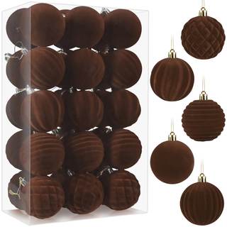30pcs Velvet Christmas Ornaments Balls, 2.36 Inch Flocked Brown Shatterproof Baubles with Hanging Strings, Ele