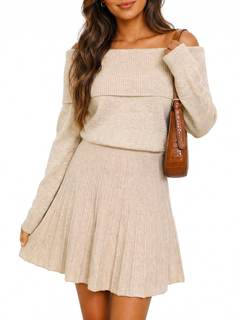 Wenrine Womens Off The Shoulder Sweater Dress Knit Pleated Mini Dresses | Long Sleeve,Folded Neck,Ribbed Knit,
