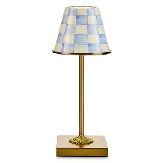 MACKENZIE-CHILDS LED Cafe Table Lamp, Light-Blue-and-White Sky Check | Cordless, rechargeable lamp, hand-paint