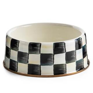 MACKENZIE-CHILDS Enamel Pet Dish, Large, Black-and-White Courtly Check | Decorative cat and dog bowl for food 