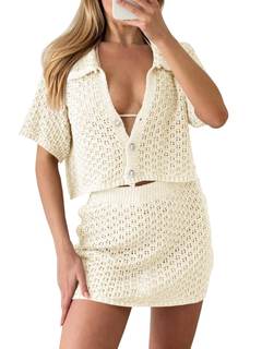 Saodimallsu Womens 2 Piece Cover Up Set Crochet Beach Summer Knit Button Short Sleeve Crop Top Mini Skirt Sets