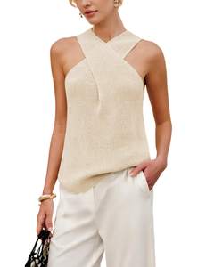 Yeokou Women Halter Cross Over Collar Tank Knit Sleeveless Top Solid Color Casual Summer Blouse Large Apricot