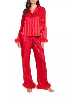 Lordree Women Satin Pajamas Set Feather Trim Long Sleeve Shirt + Pants Heart Print Silk 2 Piece Pjs Set Sleepw