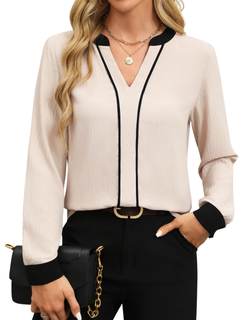 Fayenne Womens Tops Dressy Casual V Neck Color Block Business Casual Blouses Long Sleeve Work Shirts Fall Tren
