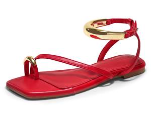 Coutgo Womens Strappy Flat Sandals Flip Flops Open Toe Ring Sandals Metal Ankle Strap Summer Beach Shoes Red 8