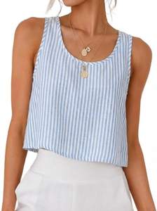 IDEALSANXUN Womens Scoop Neck Crop Tank Tops Spring Summer Sleeveless Tops Striped Light Blue Medium