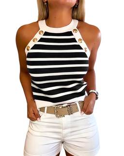 CHICME Womens Tank Tops Knit High Neck Striped Shirt | Womens Tops Ribbed Knit Sleeveless Summer Sweater, Gold