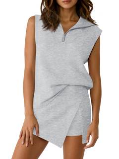 Fisoew Womens 2 Piece Skirt Sets Summer Sleeveless Half Zip Sweatshirt Athletic Skorts Tennis Outfits Casual S