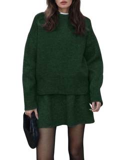 CHARTOU Women Sweater Skirt Sets 2 Pieces Outfits Loose Fit Pullover Sweater Knitted Mini Skirt Small Green
