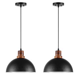 Black and Wood Pendant Lights 2 Pack, 11.8" Hammered Metal Dome Pendant Light Fixture Modern Black Pendant Lig