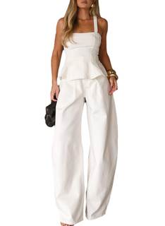 Wuitrie Women 2 Piece Outfits Sleeveless Strap Peplum Tops Wide Leg Pants Going Out Elegant Casual Weekends Se