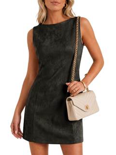 Wenrine Womens Suede Mini Dress Fall A Line Zipper Slim Party Dresses | Faux Suede, Sleeveless, Crewneck, Wear