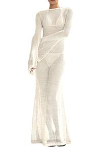 Saodimallsu Womens Crochet Cover Ups Long Sleeve Sexy Mesh Backless Knit Swimsuit Coverup Beach Maxi Dress Bei
