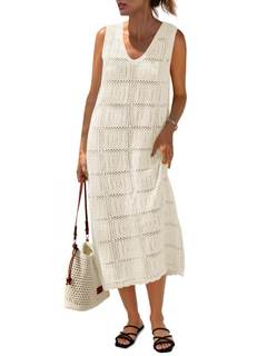 Fisoew Womens Crochet Sleeveless Dress V Neck Boho Cover Up Midi Tank Dress | Casual Summer, Knit, Beach Vacat