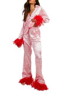 NUFIWI Women 2 Piece Lounge Set Heart Printed Long Sleeve Button Down Shirt and Pants Feather Trim Pajamas Sle